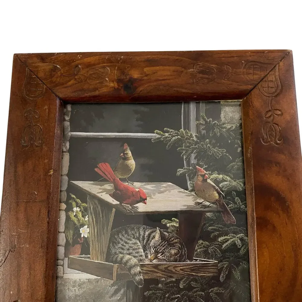 Vintage Carved Wood Frame Cat Birds Print Persis Clayton Weirs 90s Country 1992